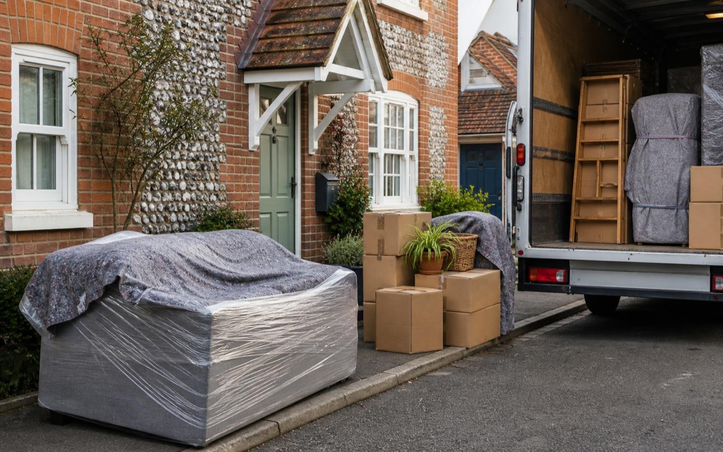 Wrapped furniture and moving boxes outside a house beside an open removals van